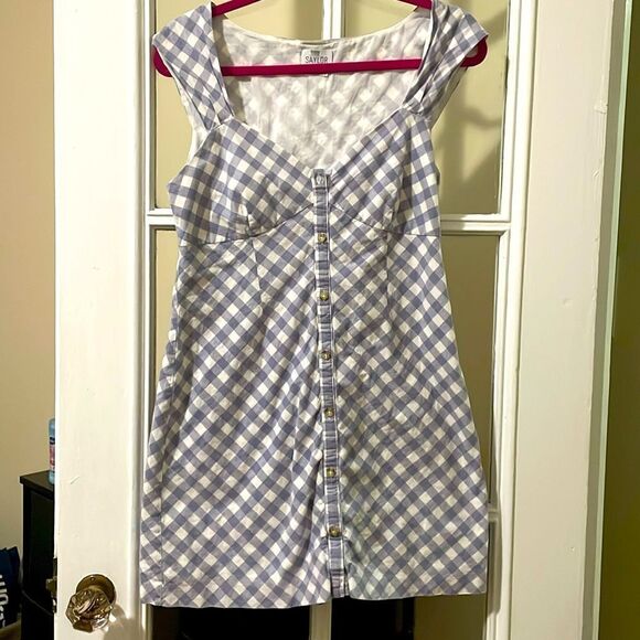 Anthropologie Saylor hadleigh gingham button blue plaid sweetheart mini dress - Picture 2 of 12